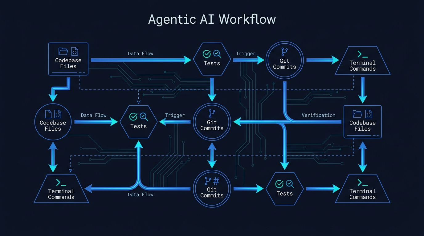 Agentic AI workflow diagram showing Claude Code autonomously editing files, running tests, and committing code