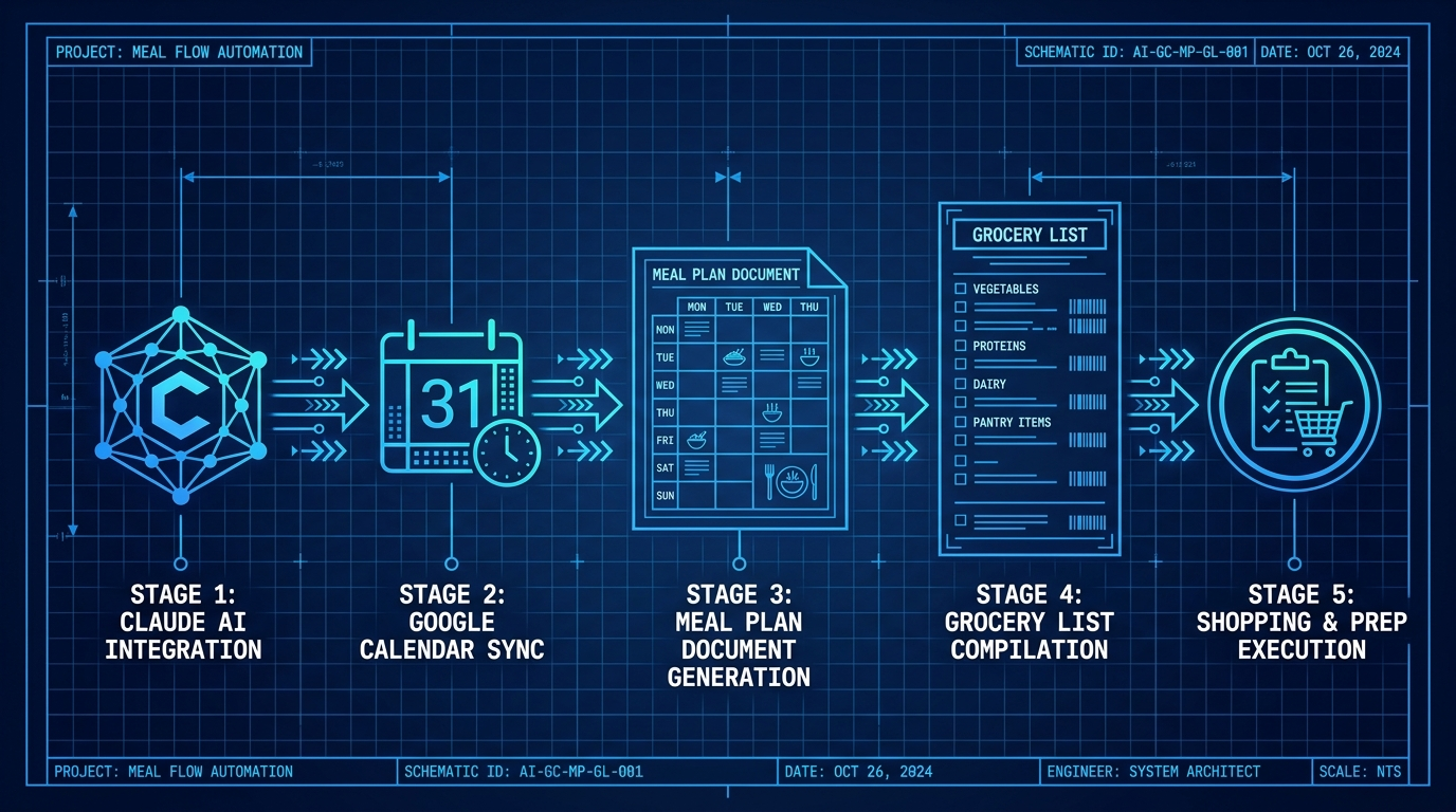 Blueprint diagram showing the 5-step Claude meal planning workflow