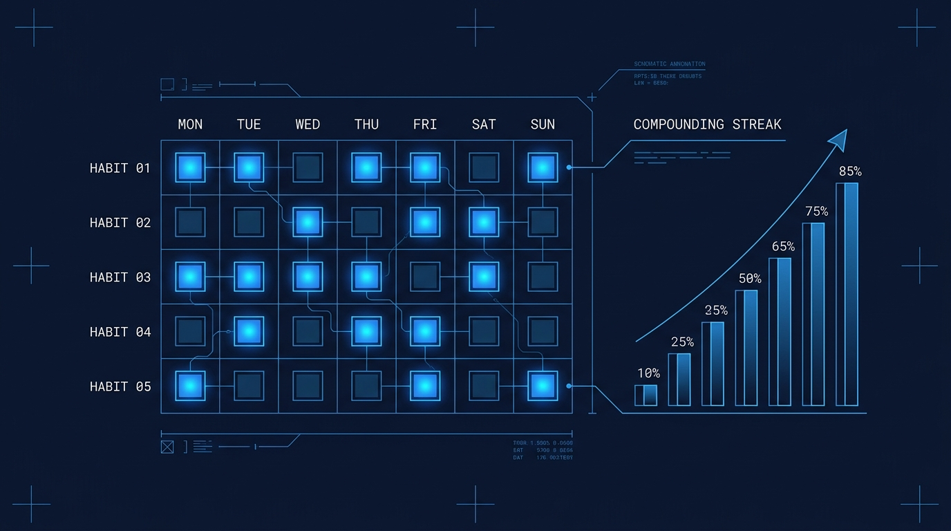Blueprint habit tracking grid showing weekly consistency across five habits with a compounding streak chart