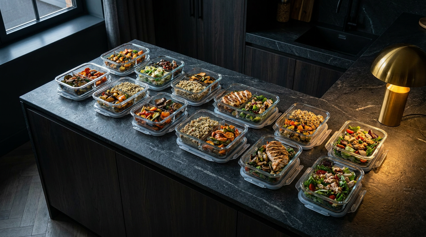 Weekly meal prep containers lined up on a dark kitchen counter