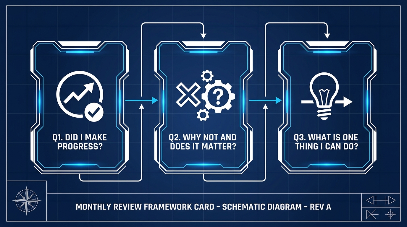 Blueprint diagram of the three monthly review questions: Did I make progress, Why not and does it matter, What is one thing I can do