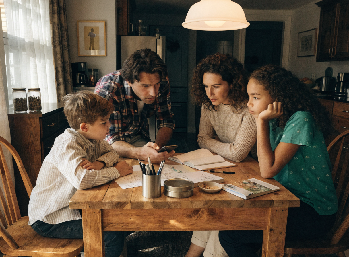 Family planning a vacation budget together at the kitchen table