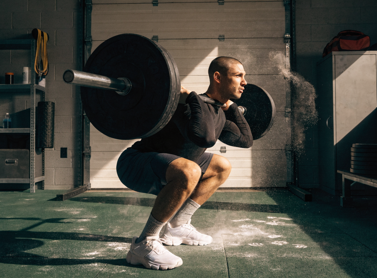 Heavy squat session in a home garage gym