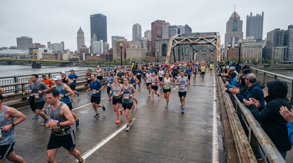 Runners climbing the deck of a steel bridge over the river during the Pittsburgh Marathon with spectators cheering behind the barrier