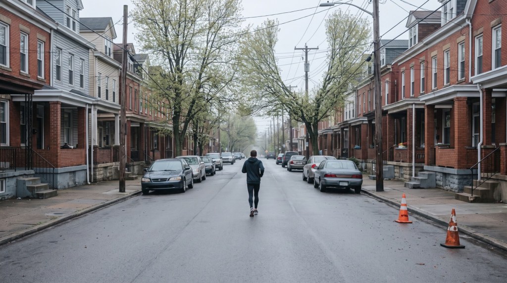 A single runner alone on an empty residential street in a Pittsburgh neighborhood with no spectators anywhere