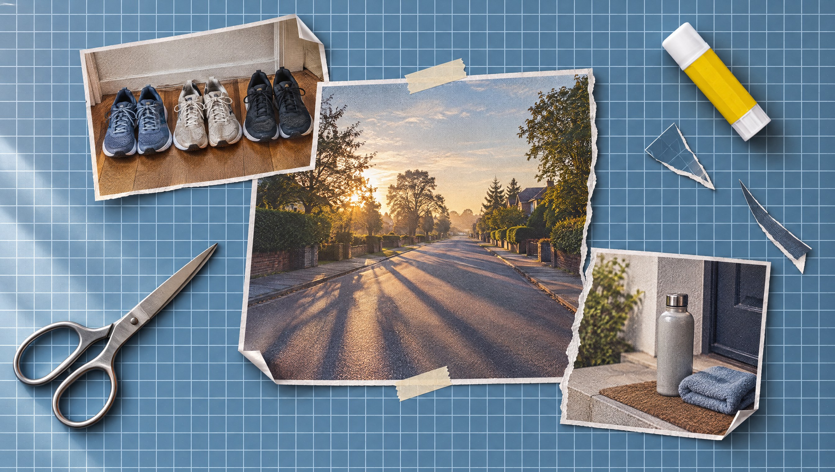 6 week half marathon training plan: cutouts of an empty neighbourhood road at first light, three pairs of trainers lined up in a hallway and a bottle with a towel on a doorstep, on a slate blue cutting mat
