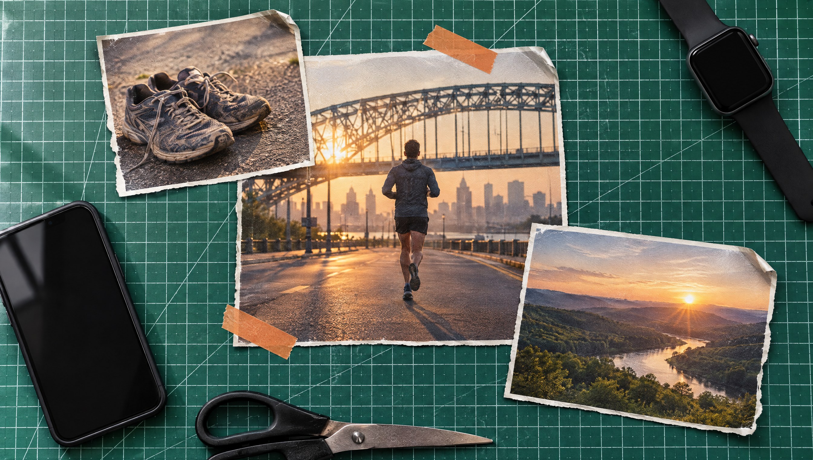 AI running coach collage: magazine cutouts of a runner crossing a steel bridge at sunrise, worn running shoes, and river hills, with a smartwatch and phone on a green cutting mat