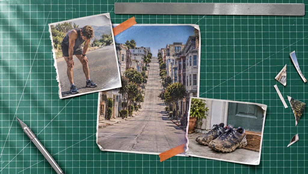 Magazine cutouts of a steep city hill street, a tired runner with hands on his knees, and muddy running shoes on a green cutting mat