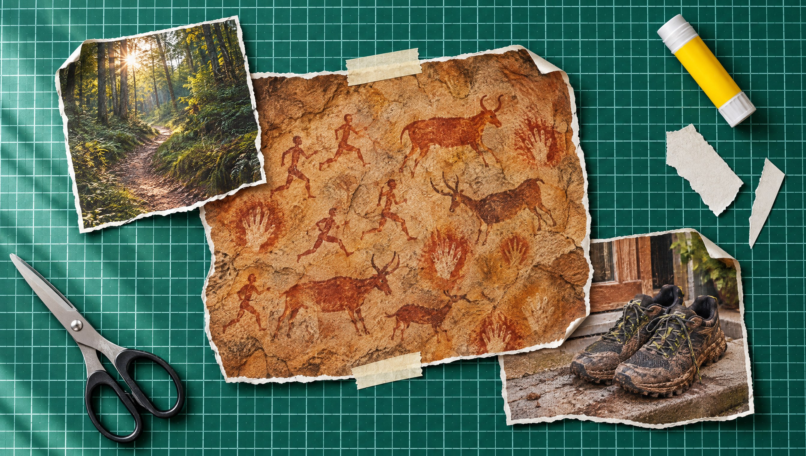 Caveman method: cutouts of a cave wall painted with ochre running figures, animals and hand stencils, a woodland trail at sunrise and muddy trail shoes, on a forest green cutting mat