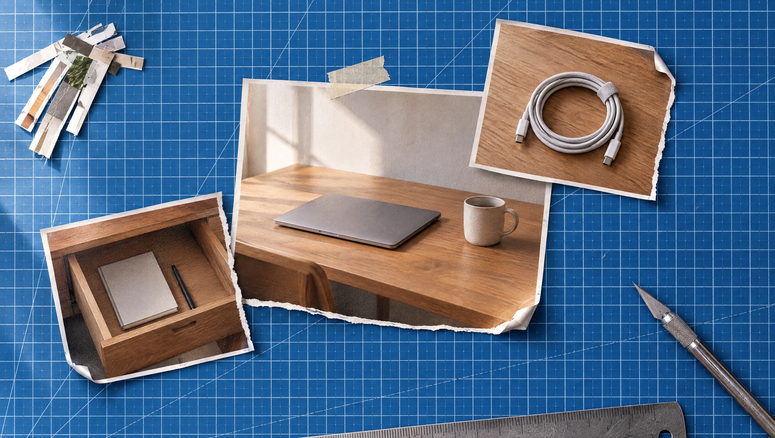 Cutouts of a clean wooden desk holding only a closed laptop and one mug, beside a single coiled cable, on a blue cutting mat