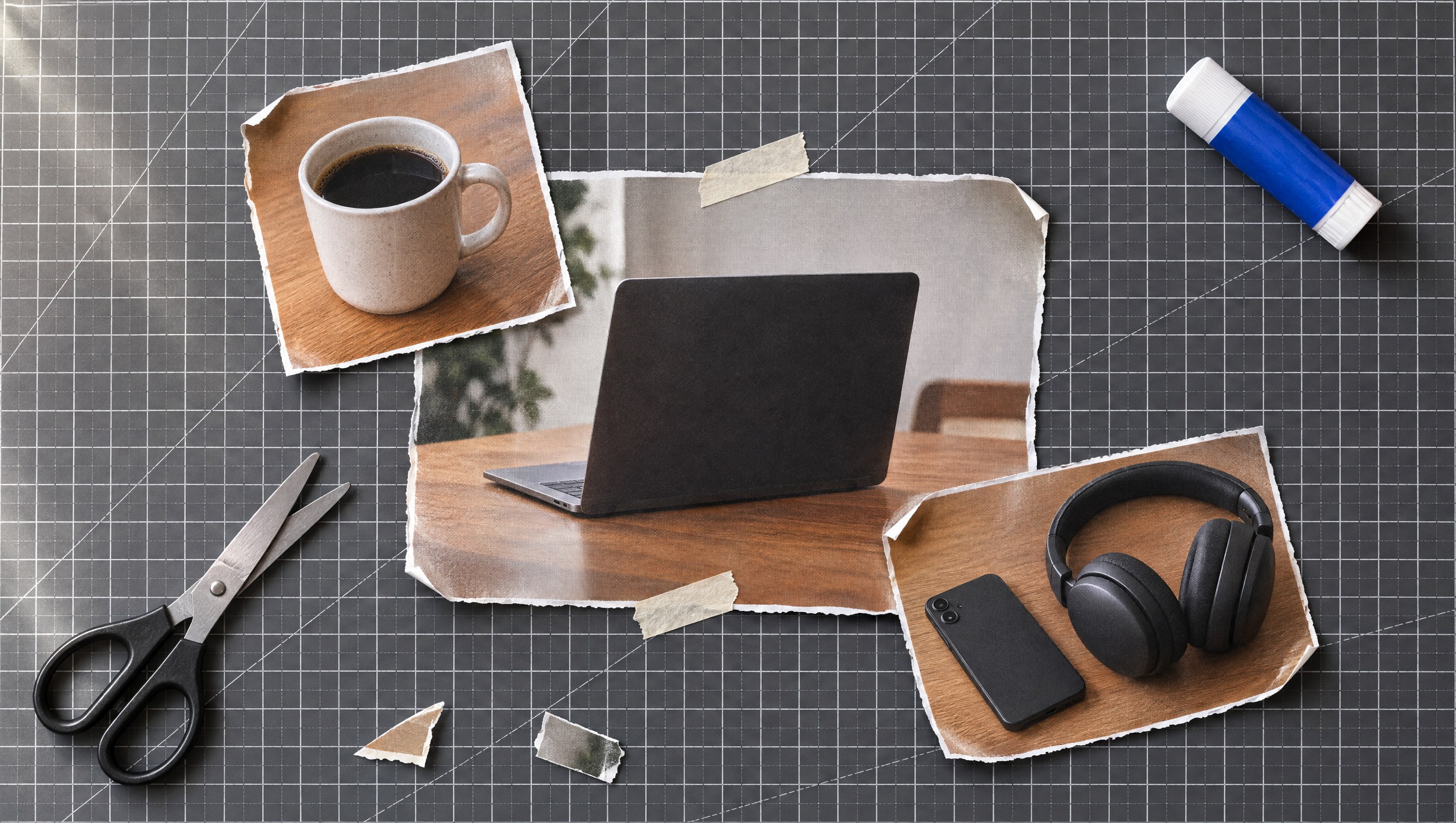Claude Code vs Cowork: magazine cutouts of a laptop with a dark screen, a coffee mug and headphones arranged on a charcoal cutting mat