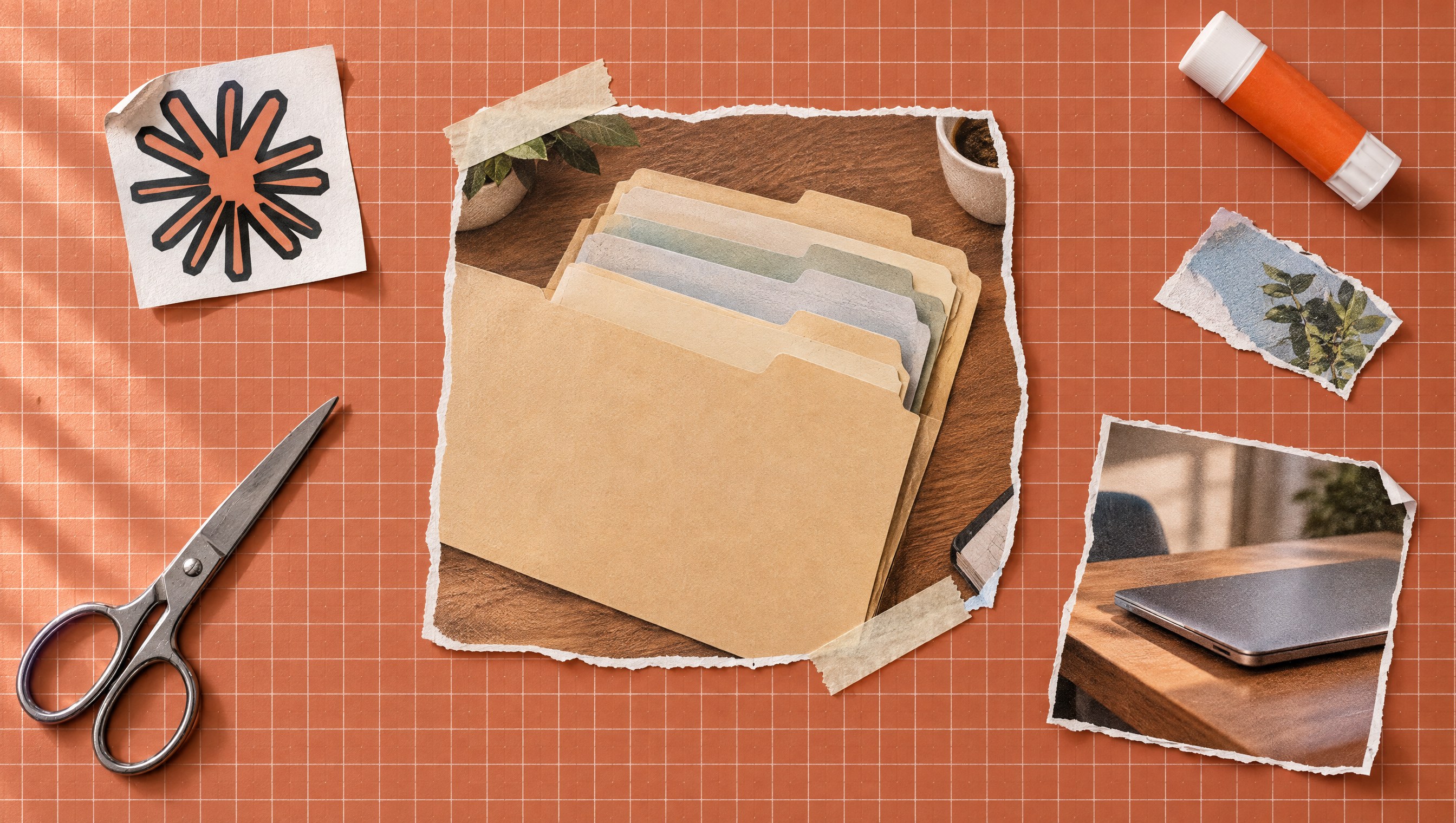 A manila folder full of tabbed dividers taped to a clay cutting mat beside the Claude logo card