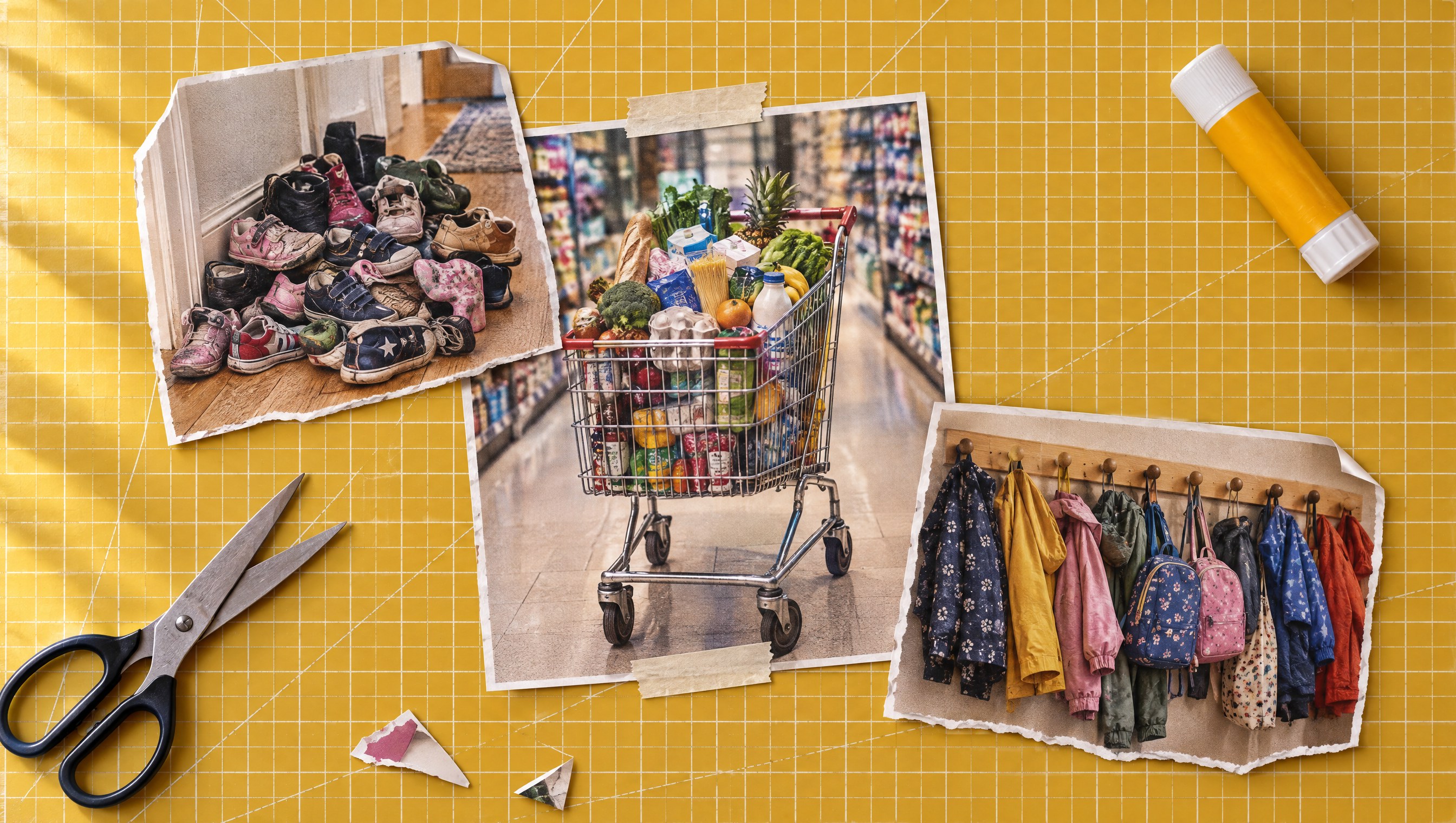 Cost of raising kids: cutouts of a loaded supermarket trolley, a heap of outgrown children's shoes and a crowded row of coat pegs, on a mustard cutting mat