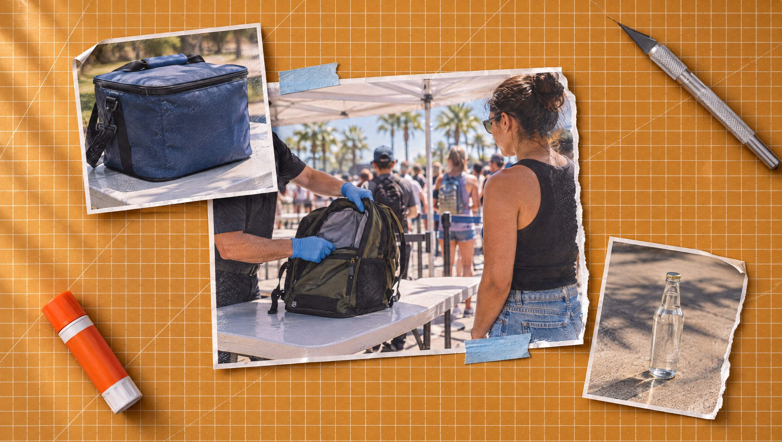 Magazine cutouts on an amber cutting mat showing a security bag check at an outdoor venue entrance, a soft cooler bag and a clear glass bottle