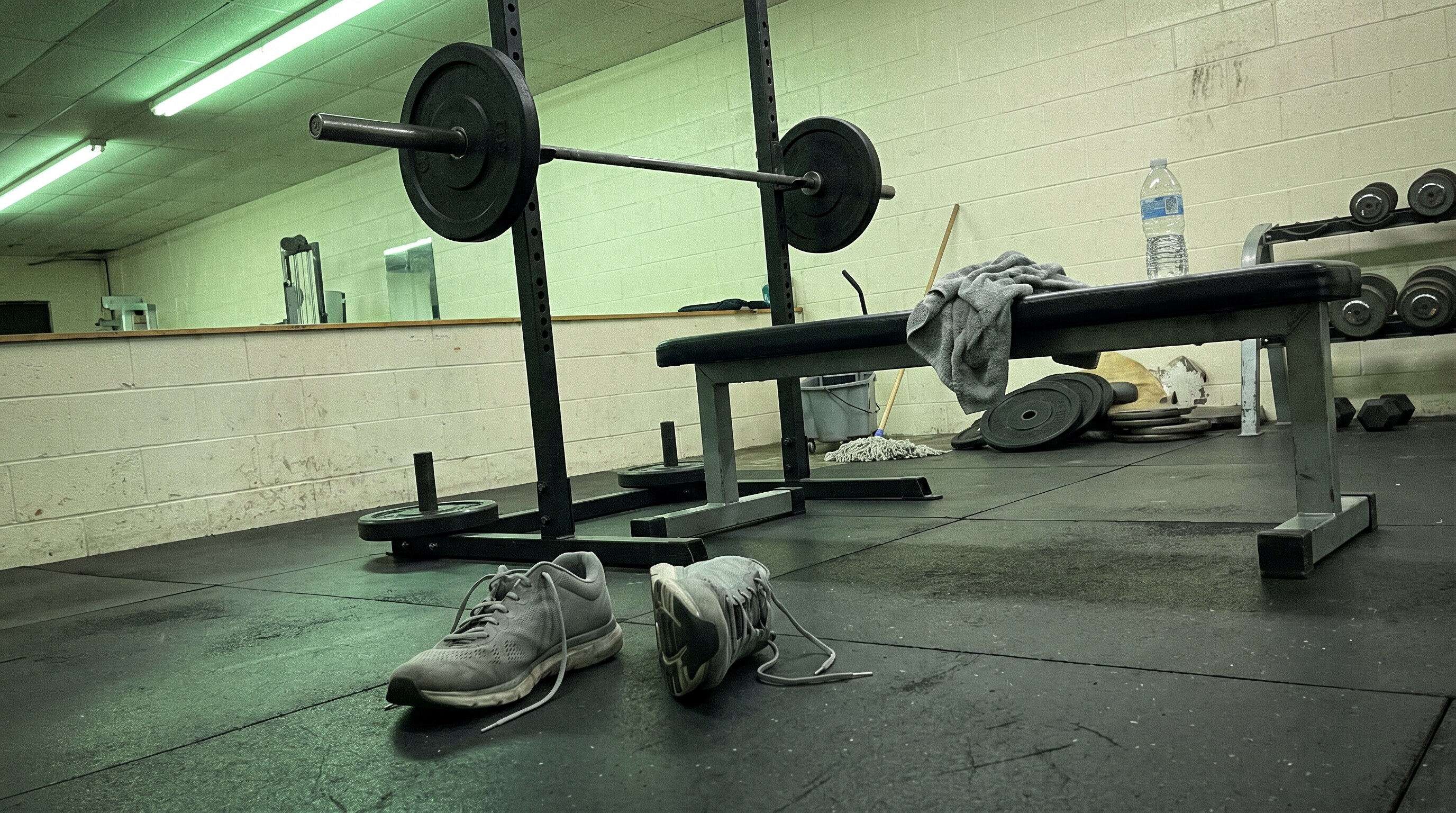 Worn gray running shoes beside a weight bench and loaded barbell in an ordinary gym during a marathon taper