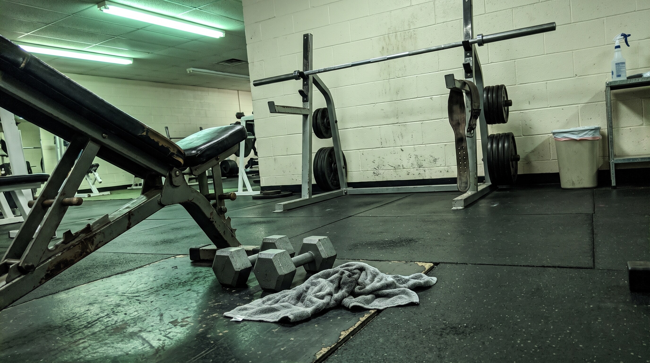 Dumbbells and a towel next to an incline bench while the squat rack sits empty behind them