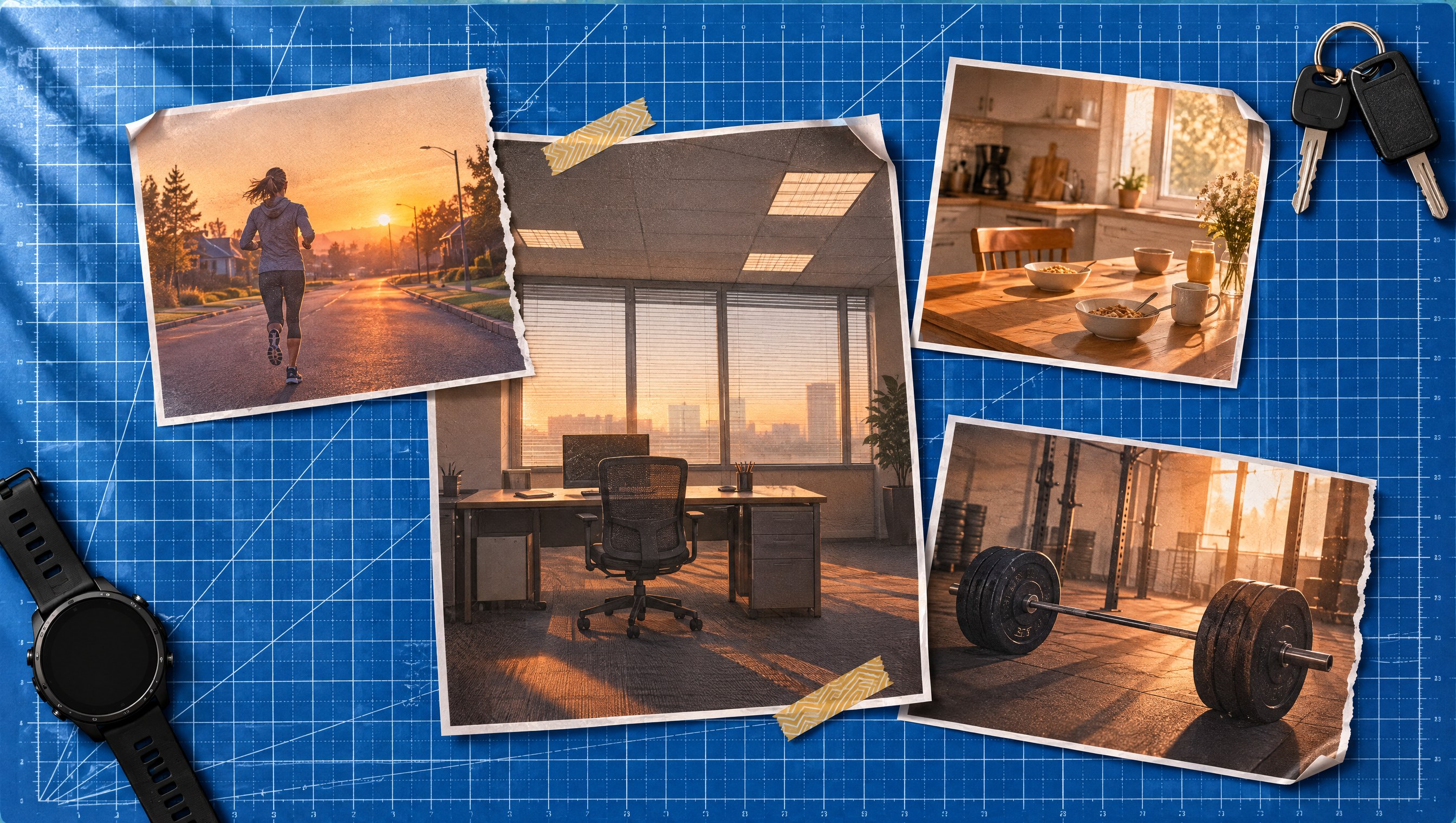 Return to office collage on a blue cutting mat: an empty office desk under fluorescent lights, a runner at sunrise, a breakfast table and a loaded barbell, with a running watch and car keys