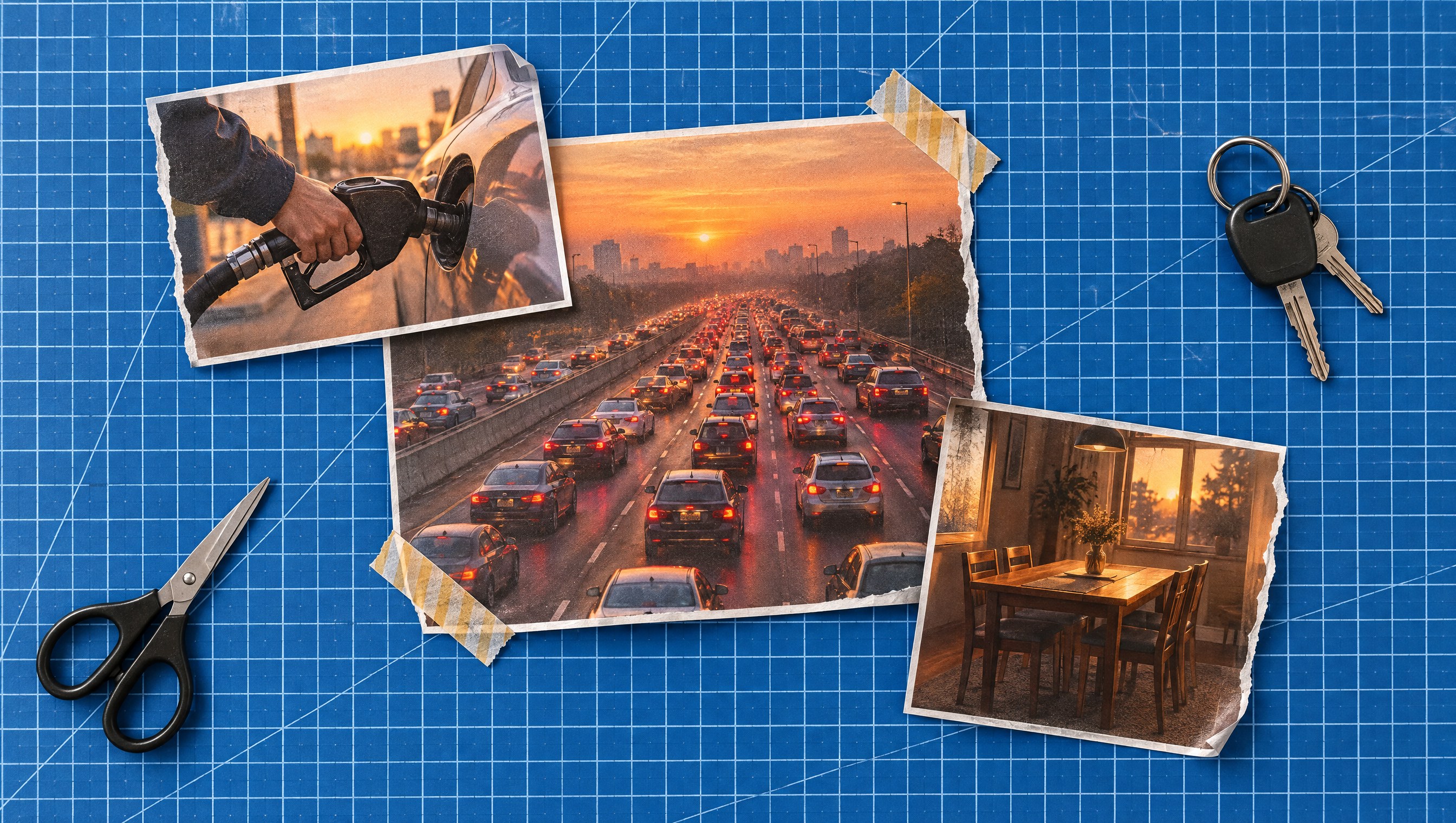 Collage on a blue cutting mat of a highway jammed with brake lights at dawn, a hand at a gas pump and an empty dinner table, with car keys and scissors