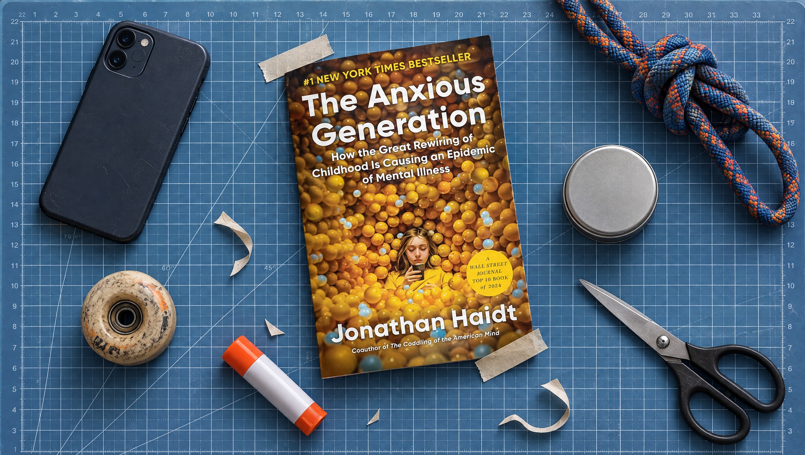 The Anxious Generation cover taped to a steel blue cutting mat beside a face down phone, a skateboard wheel and knotted rope