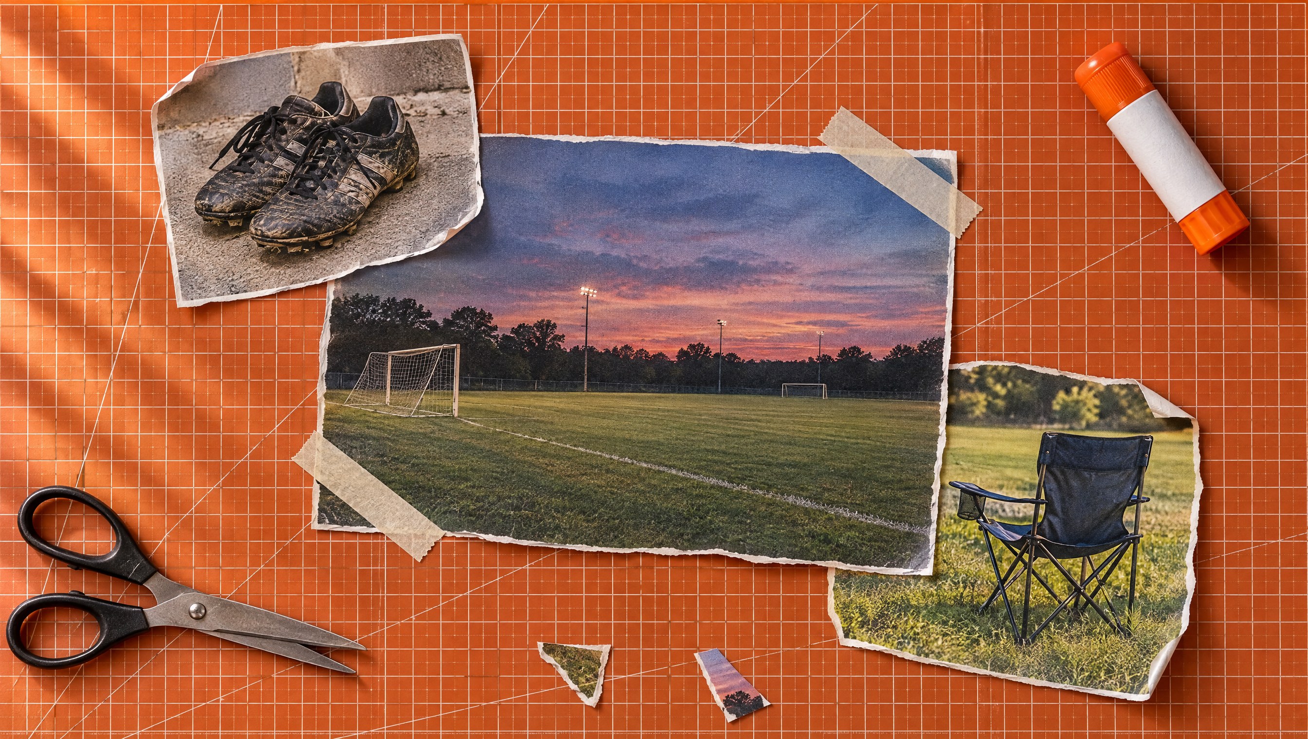Youth sports out of control: cutouts of an empty field at dusk, small worn cleats and a folding camp chair, on a burnt orange cutting mat