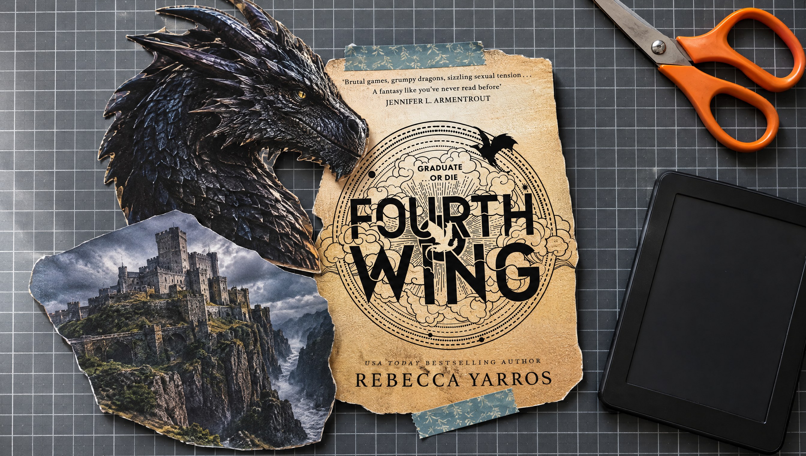 Fourth Wing review: the Fourth Wing cover cut out on a slate cutting mat beside a black dragon, a cliffside fortress and a Kindle