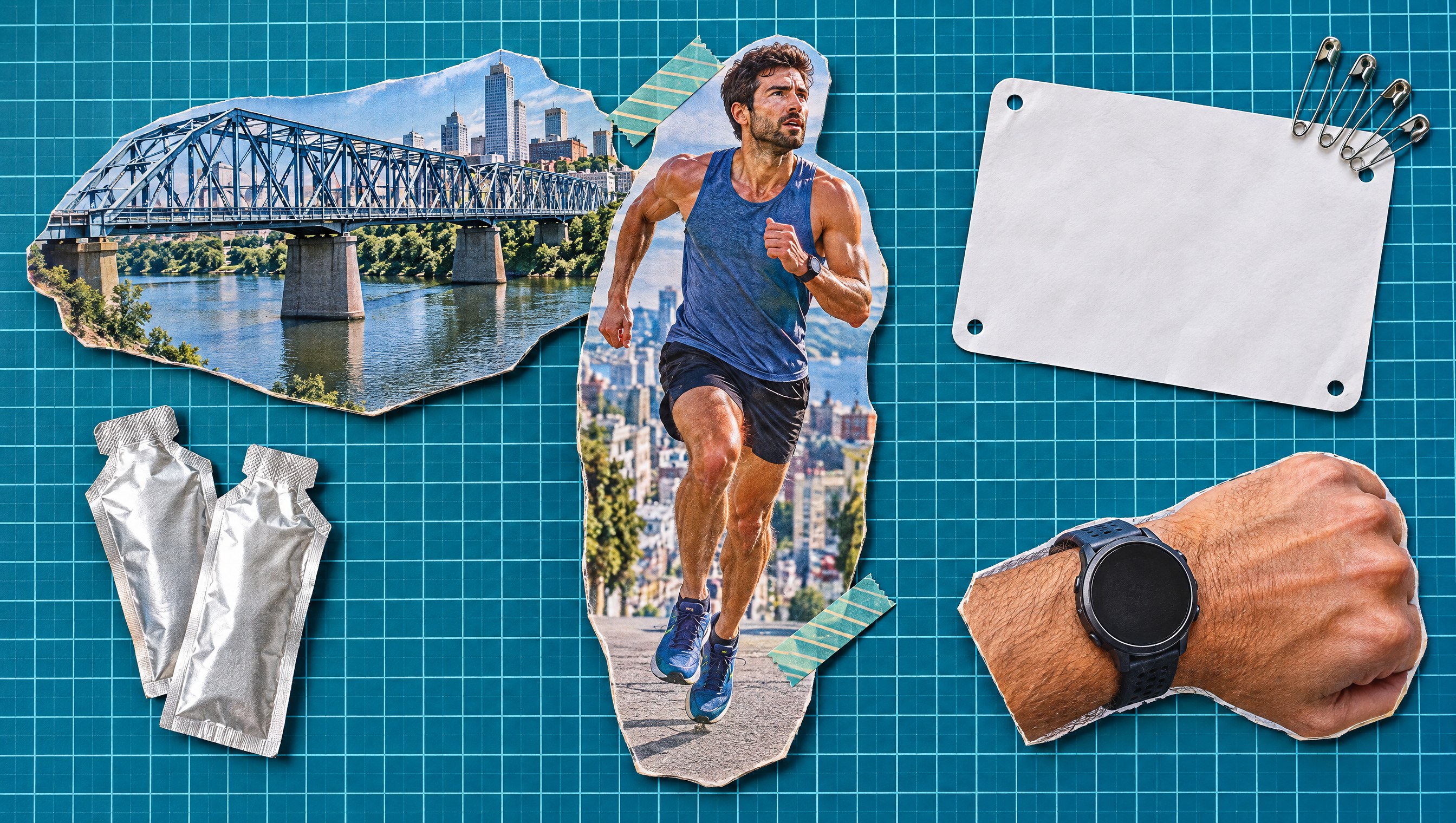 Sub 2 hour half marathon collage on a teal cutting mat: a runner charging up a city hill, a steel truss bridge, a wrist with a running watch, two energy gels and a blank race bib with safety pins